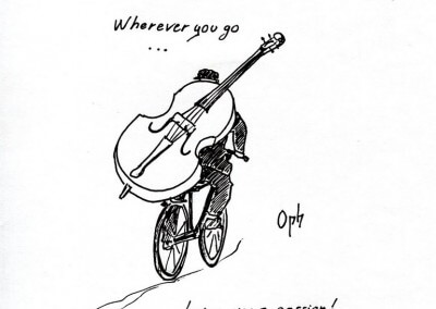 Dessin de musicien passionné portant sa contrebasse sur le dos à vélo